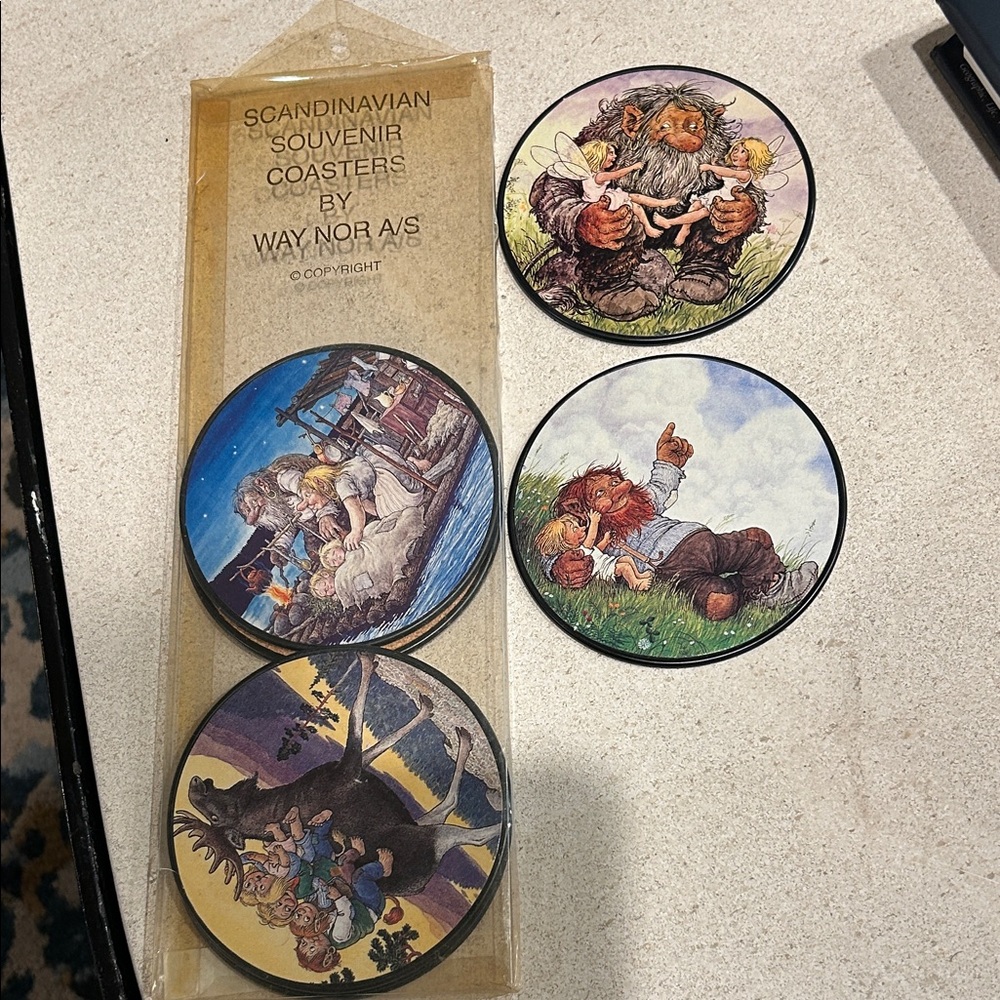 Scandinavian Souvenir Coasters Set 6 coasters with Whimsical Troll Folk Art Styl